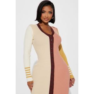 Vestido de Punto de Alta Calidad, Económico, Vintage, Minimalista, con Cuello en V, Diseño de Parches en Contraste de Color, Estilizador y Ajustado - Product Image 2