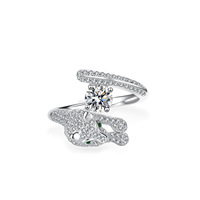 Bague de fiançailles en argent sterling S925 imperméable de luxe avec moissanite, tête de léopard, coupe ronde brillante, rangée de diamants