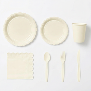 Juego de Vajilla de 175 Piezas, Platos para Fiesta, <span class=keywords><strong>Plato</strong></span> para Postre Crema, Vasos <span class=keywords><strong>y</strong></span> <span class=keywords><strong>Cubiertos</strong></span>, Juego de Platos Desechables Beige Festoneados para 50 Personas - Product Image 6