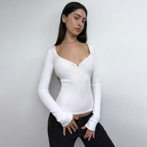 Camiseta Clásica Casual de Manga Larga con Cuello en V, Tejido Elástico Cómodo, Ecológico, Transpirable, de Color Liso, Corte Ajustado y Versátil - Product Image 3