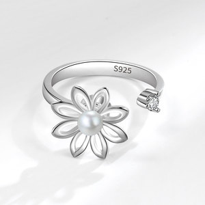 Vintage Rotating Floral <b>Adjustable</b> <b>Ring</b> Shell Pearl Zircon Copper Rhodium Plated Anxiety <b>Ring</b> Fidget Jewelry For Women - Product Image 4