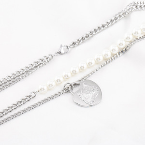 Collar de Doble Capa con Colgante de Corazón de Gato de Dibujos Animados y Perla, de Acero Inoxidable, Estilo Punk Japonés Coreano, Unisex - Product Image 2