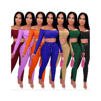 W0819 uzun kollu eşofman katı Clubwear kapalı omuz kırpma üst tayt spor iki parçalı Set Lace Up kadın setleri
