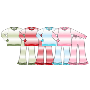 เสื้อเชิ้ตลายทางสีสันสดใสสำหรับเด็กผู้หญิงตัวเล็ก พร้อมกางเกงขาบานระบาย ชุดเซ็ต 2 ชิ้น ขายส่งเสื้อผ้าเด็ก - Product Image 1