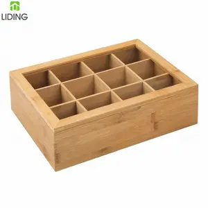 Bamboo Tea Box Storage Organizer Tea Storage Bin with 12 Divided Sections and Hinged Lid