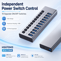 10 Portlu USB 3.2 Hub Alüminyum, VL822 Çip, 10Gbps Yüksek Hız, 10x USB-A, Bireysel Anahtarlı, 12V Güç, HS070M3