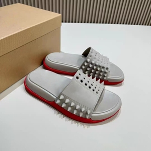 Top qualité Rivet en cuir véritable été pantoufles unisexe hommes dames sandales plates fond rouge luxe femmes sandales - Product Image 2