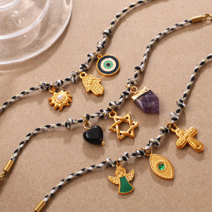 European American Retro Woven <b>Rope</b> Necklace <b>Bracelet</b> Set Zinc Alloy Cross Pendant Unisex Jewelry - Product Image 2