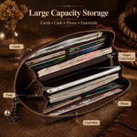 Dompet Kulit Asli Desain Vintage Wanita RFID Blocking Resleting Panjang Kapasitas Besar Dompet Panjang Bermerek dengan Logo Timbul