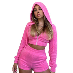 2026 popular European and American style hooded long sleeved and <b>tight</b> <b>shorts</b> solid color sports suit - Product Image 5