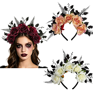 Dark Gothic Floral Headband Black Leaves Artificial Rose Halloween <b>Women</b> <b>Cosplay</b> Evening Makeup Party Hair Accessory - Product Image 1