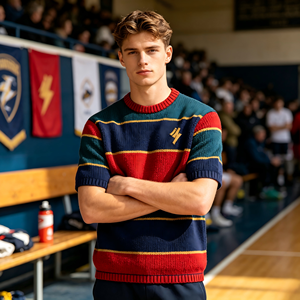 Retro Contrast Striped Cotton Knit Heavyweight Thick <b>Pullover</b> <b>Men</b> Crew Neck Short Sleeve Custom Embroidery Front Wholesale Team - Product Image 4
