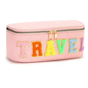 Custom TRAVEL Letters Zipper Corduroy Pink Cosmetic Bag Large Capacity Preppy Patch Toiletry Bag Cute Makeup Pouch