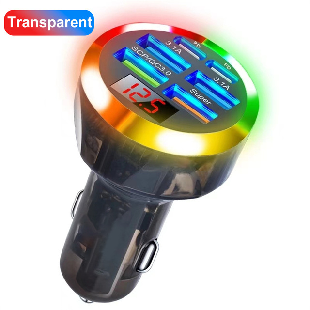 Display Six-in-one Car Charger With One 1 Tow Six Multi-port 4USB 2PD Super Fast Charger Car Cigarette Lighter