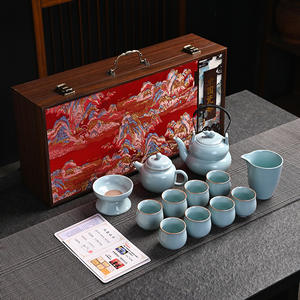 Service à thé Ru Kiln complet, théière en forme de calebasse avec poignée, grande capacité, céramique haut de gamme, coffret cadeau pour le Nouvel An chinois - Product Image 1