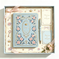 Carnet vintage personnalisé A5 bleu clair avec dorure or, couronne de roses, journal cadeau pour femmes