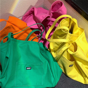 Bolsas de Lona con Logotipo Personalizado, Bolsa de Compras de Lona de Gran Capacidad, Color Sólido, Plegable, de Algodón, Simple, con Bolsillo, Bolsa de Hombro - Product Image 5
