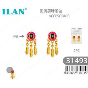 Ciondolo a Foglia con Piume Ilan, Set da 2 Pezzi, Accessorio Etnico Oro Rosa - Product Image 1