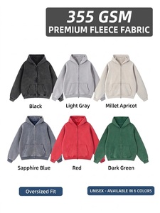 Sweat à capuche zippé en molleton épais 355 GSM, coupe droite, brodé, délavé, pour homme, épaules tombantes, streetwear premium, XL - Product Image 2