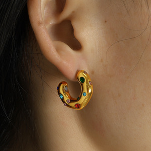 C-Shaped Huggie <b>Earrings</b> Gold Rhinestone Pearl Inlaid Bezel Setting Stainless Steel <b>Post</b> For Daily Wear - Product Image 3