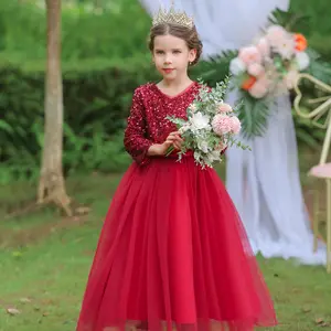 Vestido de noiva vermelho com lantejoulas afegãs, manga longa, peça única para meninas, vestido de princesa infantil de 10 anos, peça única, 2023