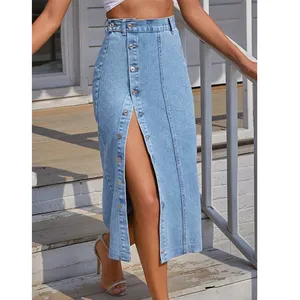 Custom front split button up denim high waist skirts women long summer jean pencil skirt