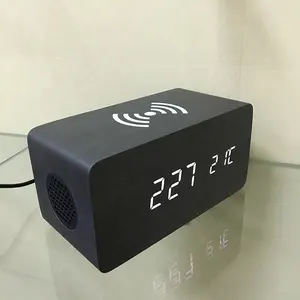 עץ LED שעון מעורר עם BT רמקול נייד טלפון Qi טעינה אלחוטי שולחן העבודה שעון עם תצוגת טמפרטורה