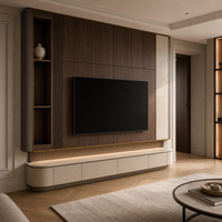 Mueble de TV Moderno de Madera con Consola Flotante para Montaje en Pared, Estantes con Pantalla LED y Paneles de Pared Acanalados para Sala de Estar
