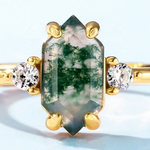Wholesale 925 Silver Jewelry Retro Gemstone <strong>Ring</strong> Gold Plated Hexagon Shape Natural Green <strong>Moss</strong> <strong>Agate</strong> <strong>Ring</strong> - Product Image 6