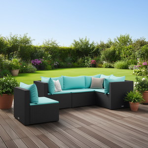 Conjunto de Muebles de Jardín de Ratán Negro para Exteriores, 6 Plazas, Cojines Azul Agua, Diseño Contemporáneo, Resistente a la Intemperie - Product Image 2