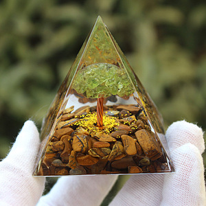 <b>Crystal</b> Epoxy Pyramid Resin Ornament With <b>Tree</b> And Stones Desk Office Decor Feng Shui Design Single Piece Package - Product Image 1