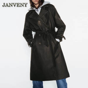 JANVENY 2023 nuova primavera autunno <span class=keywords><strong>Trench</strong></span> in Pu di media lunghezza da donna Vintage doppiopetto con risvolto stringato giacca in finta pelle - Product Image 1