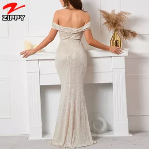 B Sleeveless Luxury Designer Evening Party Gown Elegant Fabric Slim Bodycon Sequin Dress Shining Gold Wholesale Women