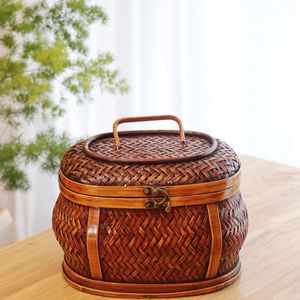 Handmade <b>Bamboo</b> Woven Tea Storage Box Round 21cmx17cmx15cm Brass Clasp Kitchen Food <b>Container</b> - Product Image 1