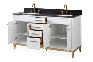 Mueble de Baño Moderno de Lujo con Acabado Lacado Blanco de 60 Pulgadas con Lavabo Doble, <span class=keywords><strong>Base</strong></span> de MDF Personalizada y Acero Inoxidable - Product Image 2