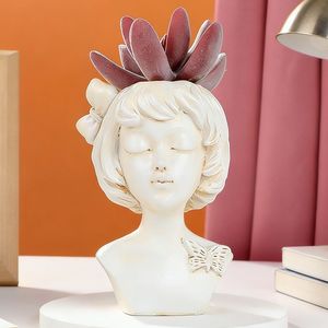 Maceta con cabeza de niña de resina, escultura de estilo nórdico, decoración de escritorio para plantas verdes de interior, adorno de regalo - Product Image 2
