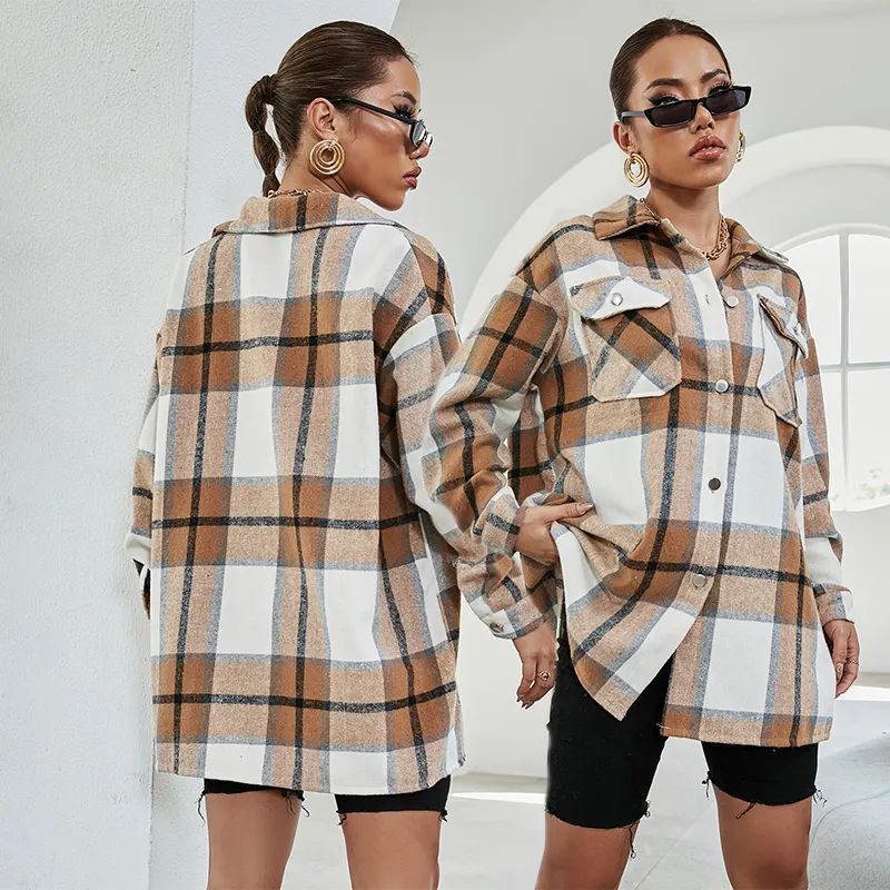 Fashion Style Winter Women Coat Plaid Shopping Thick Clothes Long Sleeve Coats Jackets