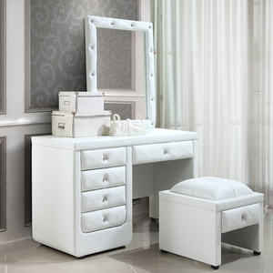 Luxury <strong>Contemporary</strong> Bedside <strong>Dressing</strong> <strong>Table</strong> with Mirror and Stool Black Leather Upholstered Dresser - Product Image 3