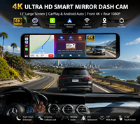 Caméra de tableau de bord 4K double canal 12 pouces avec écran tactile, enregistreur de conduite DVR pour voiture avec moniteur de stationnement, capteur G et enregistrement en boucle