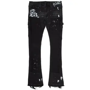 NEW Street wear Flared Tie Dye Distressed Ripped Washed Stacked Denim Pants Men Jeans