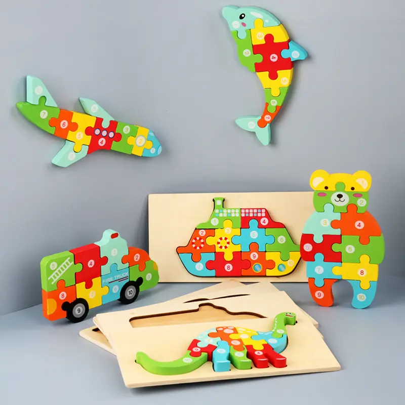 Mainan Kayu Kustom Montessori DIY Anak-anak Enfant Jigsaw Hewan Pendidikan Awal 3D Puzzle Permainan Bayi