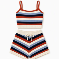 Ensemble tricoté décontracté 3 pièces pour femme, pull anti-plis, crop top, short taille haute, pull côtelé rayé, hiver, vente en gros, personnalisé