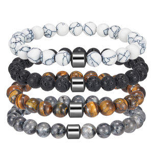 Bracelet en pierre naturelle, perles d'agate de 8mm, bande élastique, bijoux unisexes, cadeau, marron, blanc, noir, roche volcanique, forme de boule ronde - Product Image 5