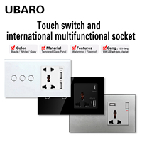 UBARO 146 Type Interrupteur tactile 2 voies en verre trempé, prise de courant universelle avec port USB, interrupteur à bascule, panneau de prise murale