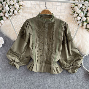Chemise décontractée rétro à col montant, à simple boutonnage, avec dentelle, manches lanternes amples, veste pour femme, taille étrangère - Product Image 1