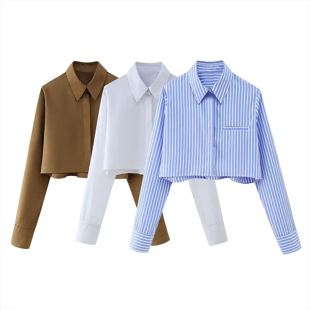 PB&ZA Women 2023 spring New Fashion Pocket trim Blouses Vintage Long Sleeve Button-up Female Shirts Chic Tops