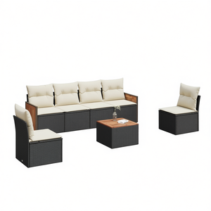 Ensemble de canapé de jardin en rotin noir avec coussins crème, 4 places, mobilier d'extérieur, design contemporain, résistant aux intempéries, en teck - Product Image 1