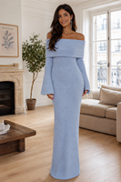 Robe en tricot pour femme avec logo personnalisé, tricotée, manches longues, épaules dénudées, couleur unie, mode hiver, mélange de polyester, usine OEM & ODM