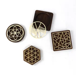 Nordic Minimalist Hexagon Square or Round Geometric Hollow Out Brass Coaster with Black Walnut Wood Holder