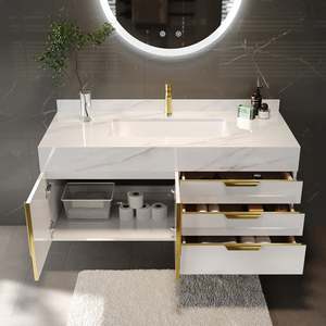 Meuble-lavabo de salle de bain moderne et élégant, blanc laqué brillant, avec vasque en céramique, LED, écologique, mural, pour villa - Product Image 5